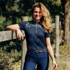 Horze Women's Kaitlin Short Sleeved Performance Shirt W/ Flower Print - Peacoat Dark Blue -Ovation Store 543294 800 800