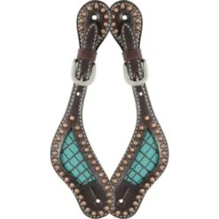 Western Rawhide Turquoise Gator Spur Straps - Dark Brown
