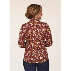 EQL Women's Ruched Button Front Long Sleeve Shirt - Sangria Snaffle Floral -Ovation Store 698682 800 800